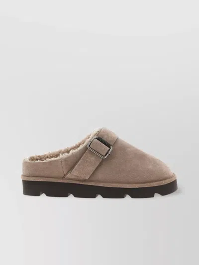 Brunello Cucinelli Round Toe Flat Sole Sandals With Faux Fur Lining And Buckle Detail