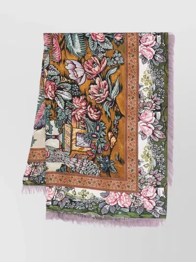 Pierre Louise Mascia Silk Scarf With Floral Pattern And Fringed Edges