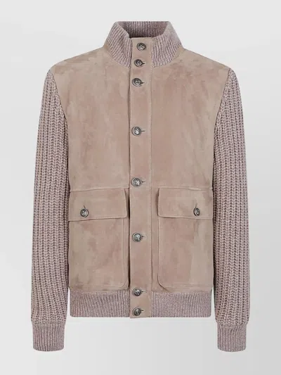 Brunello Cucinelli Bomber Jacket With Knitted Back And Textured Knit Sleeves In Neutral