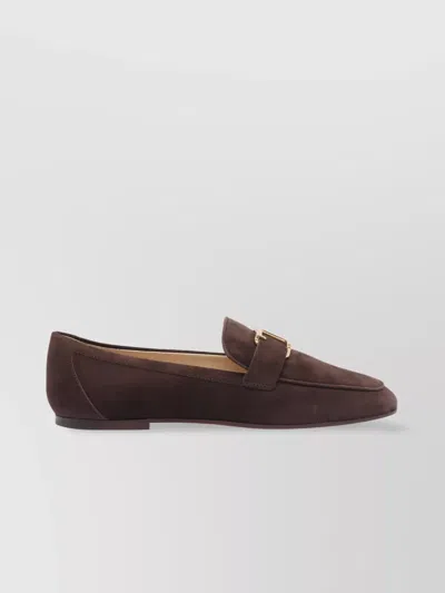 Tod's Almond Toe Suede Loafers Gold Hardware In Brown