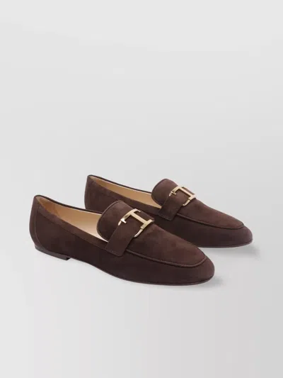 Tod's Almond Toe Suede Loafers Gold Hardware In Brown
