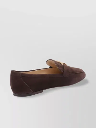 Tod's Almond Toe Suede Loafers Gold Hardware In Brown