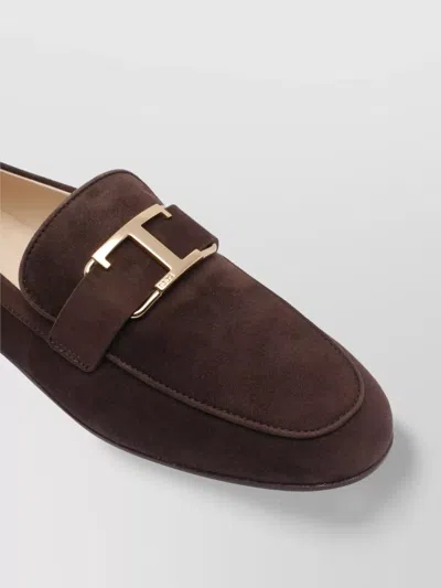 Tod's Almond Toe Suede Loafers Gold Hardware In Brown