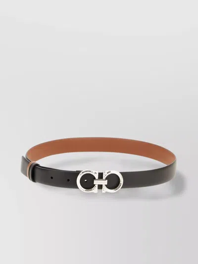 Ferragamo Leather Belt Reversible Adjustable Length Metallic Buckle In Black