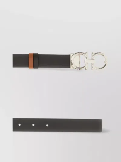 Ferragamo Leather Belt Reversible Adjustable Length Metallic Buckle In Black