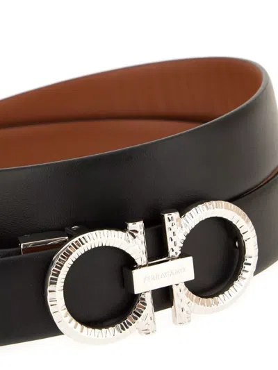 Ferragamo Leather Belt Reversible Adjustable Length Metallic Buckle In Black