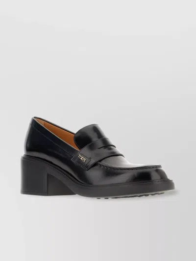Tod's Leather Block Heel Loafers With Round Toe In Black