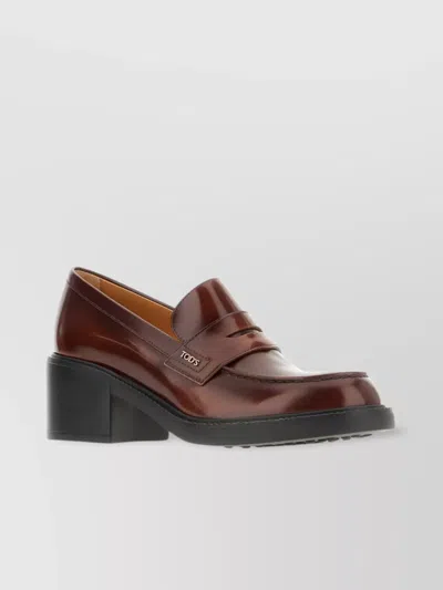 Tod's Leather Block Heel Loafers With Round Toe