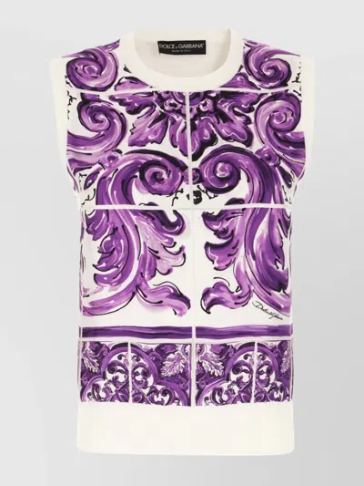 Dolce & Gabbana Silk Printed Crew Neck Vest In Purple