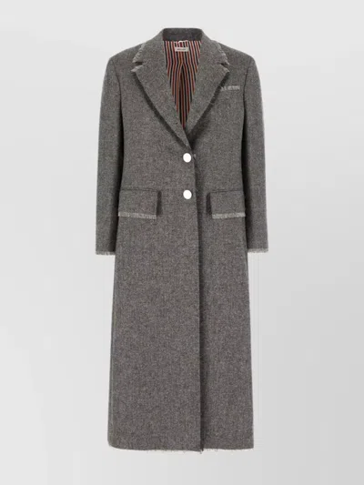 Thom Browne Wool Coat With Frayed Edges And Button Detailing In Gray