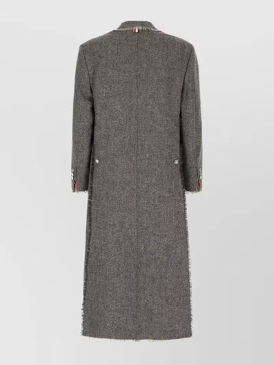 Thom Browne Wool Coat With Frayed Edges And Button Detailing In Gray