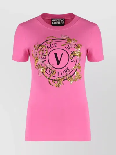 Versace Jeans Couture Sequin Embellished Crew-neck T-shirt With Graphic Print In Pink