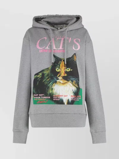 Jw Anderson Grey Cat Print Hoodie In Gray
