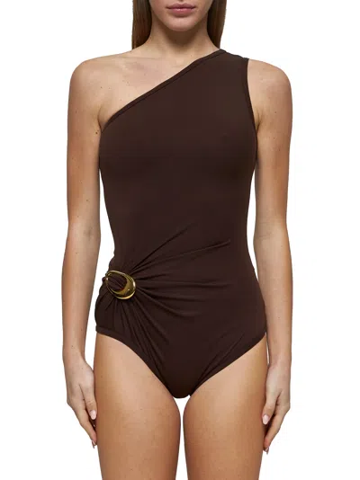 Bottega Veneta Women Brown Nylon One-shoulder Swimsuit In Brown