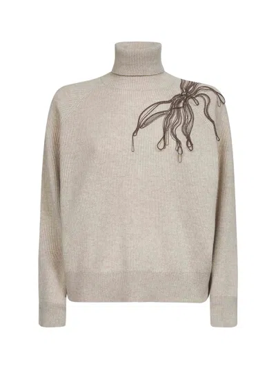 Brunello Cucinelli Women Beige Cashmere Embroidered Roll Neck Sweater In Neutral