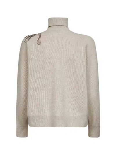 Brunello Cucinelli Women Beige Cashmere Embroidered Roll Neck Sweater In Neutral