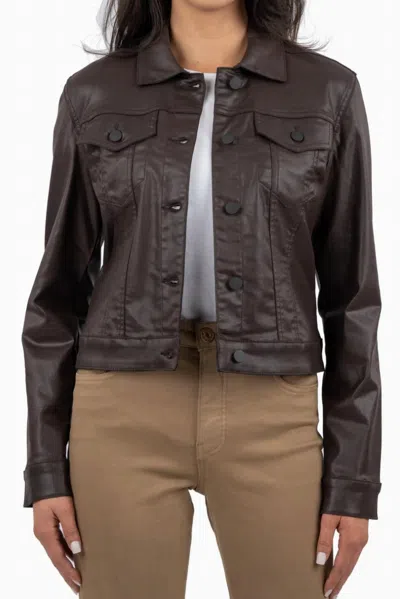 Kut From The Kloth Julia Coated Crop Denim Trucker Jacket In Chocolate In Brown