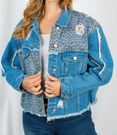 White Birch Leopard Frayed Denim Jacket In Blue In Blue