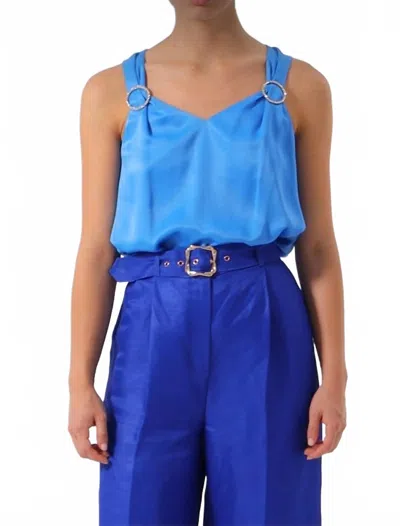 Exquise V Neck Crystal Stone Buckle Tank Top In Blue In Blue