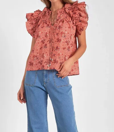 Elan Short Sleeve Tie Front Blouse In Rose Folk Floral In Pink