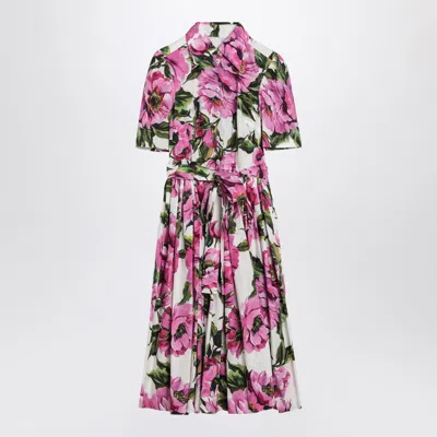 Dolce & Gabbana Pink Crewneck Dress With Logo Lettering Detail On The Front And All-over Floral Motif In Cotton Woma