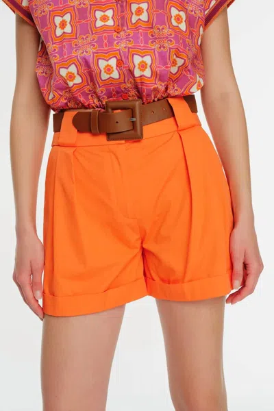 Exquise Pleated Poplin Shorts With Belt Detail In Orange In Orange