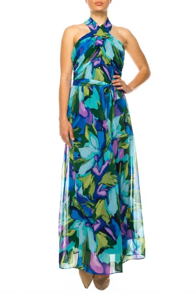 London Times Floral Print Halter Neck Maxi Dress In Aqua Royal In Blue