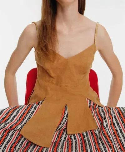 Exquise Strap Embroidered Asymmetrical Cut-linen Blouse In Camel
