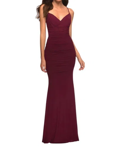 La Femme Net Jersey With Sheer Corset Style Bodice Prom Dress In Dark Berry In Red