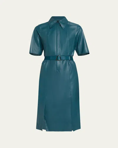 Akris Short-sleeve Nappa Leather Belted Shirtdress