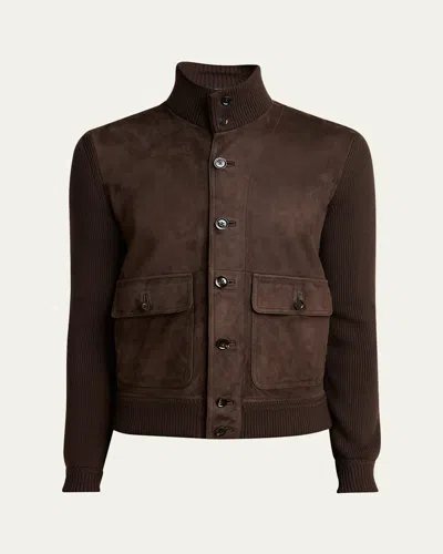 Tom Ford Mens Deep Brown Funnel-neck Ribbed-sleeve Suede And Wool Jacket In Brown