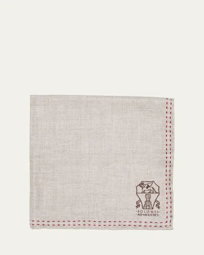 Brunello Cucinelli Men's Silk Logo Emblem Pocket Square In Gray