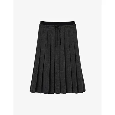 Sandro Womens Drawstring-waist Pleated Checked Stretch-woven Midi Skirt Grey / Brown
