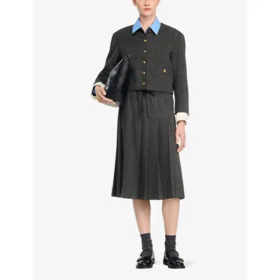 Sandro Womens Drawstring-waist Pleated Checked Stretch-woven Midi Skirt Grey / Brown