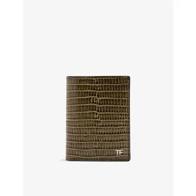 Tom Ford Mens Brand-plaque Leather Folding Cardholder Slate In Brown