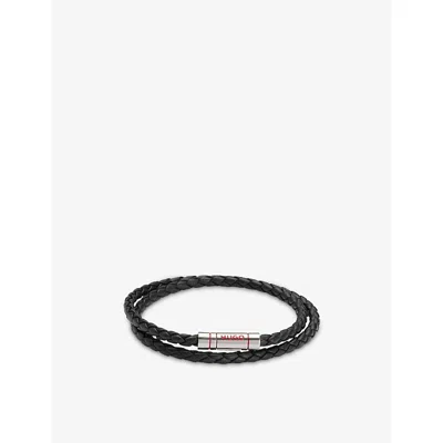 Hugo Boss Mens Double-cuff Braided-leather Bracelet Black