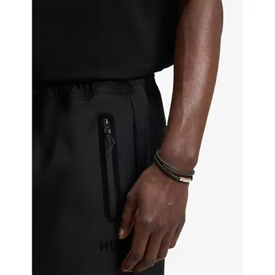 Hugo Boss Mens Double-cuff Braided-leather Bracelet Black