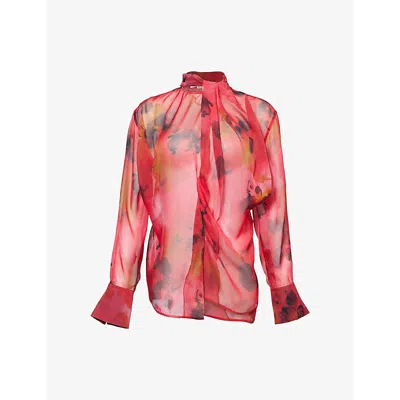 Victoria Beckham Womens Drape Abstract-print Silk Blouse Raspberry