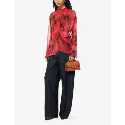 Victoria Beckham Womens Drape Abstract-print Silk Blouse Raspberry