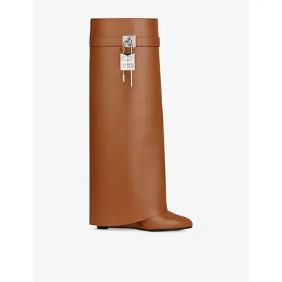 Givenchy Leather Shark Lock Knee High Boots 90 In Brown