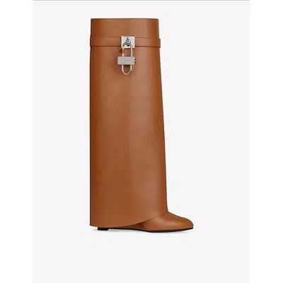 Givenchy Leather Shark Lock Knee High Boots 90 In Brown