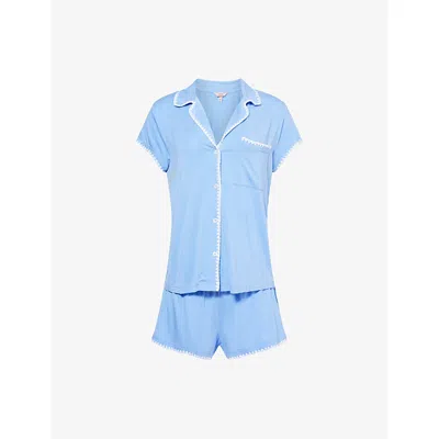 Eberjey Womens Frida Contrast-piping Stretch-jersey Pyjamas Cornflower Blue/white