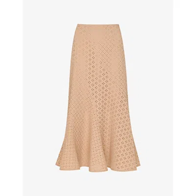 Whistles Womens Broderie Fluted-hem Regular-fit Cotton Midi Skirt Tan