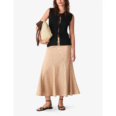 Whistles Womens Broderie Fluted-hem Regular-fit Cotton Midi Skirt Tan