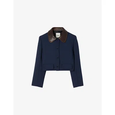 Sandro Womens Contrast-collar Cropped Stretch-woven Jacket Navy Blue In Blue