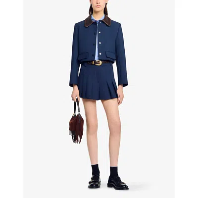 Sandro Womens Contrast-collar Cropped Stretch-woven Jacket Navy Blue In Blue