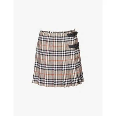 Burberry Womens Check-print Pleated Wool Mini Skirt Crater Dk Charcoal C