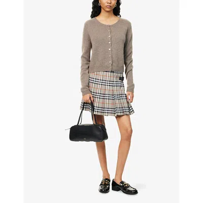 Burberry Womens Check-print Pleated Wool Mini Skirt Crater Dk Charcoal C