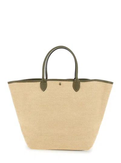 Longchamp 'le Panier Pliage L' Green Handbag With Logo Embossed On The Front In Mixed Fabric And Leather Woman