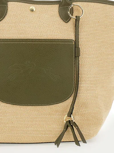 Longchamp 'le Panier Pliage L' Green Handbag With Logo Embossed On The Front In Mixed Fabric And Leather Woman